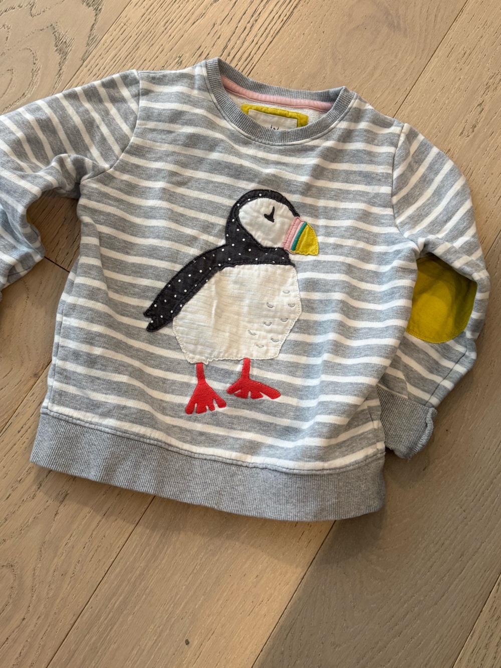 Boden Mini Gray & White Striped Pullover with Yellow Label Detail